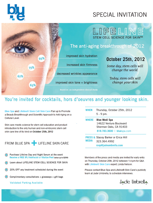 Press & Media Invite for Lifeline Stem Cell Skin Care Blue Spa Event on 10/25/12